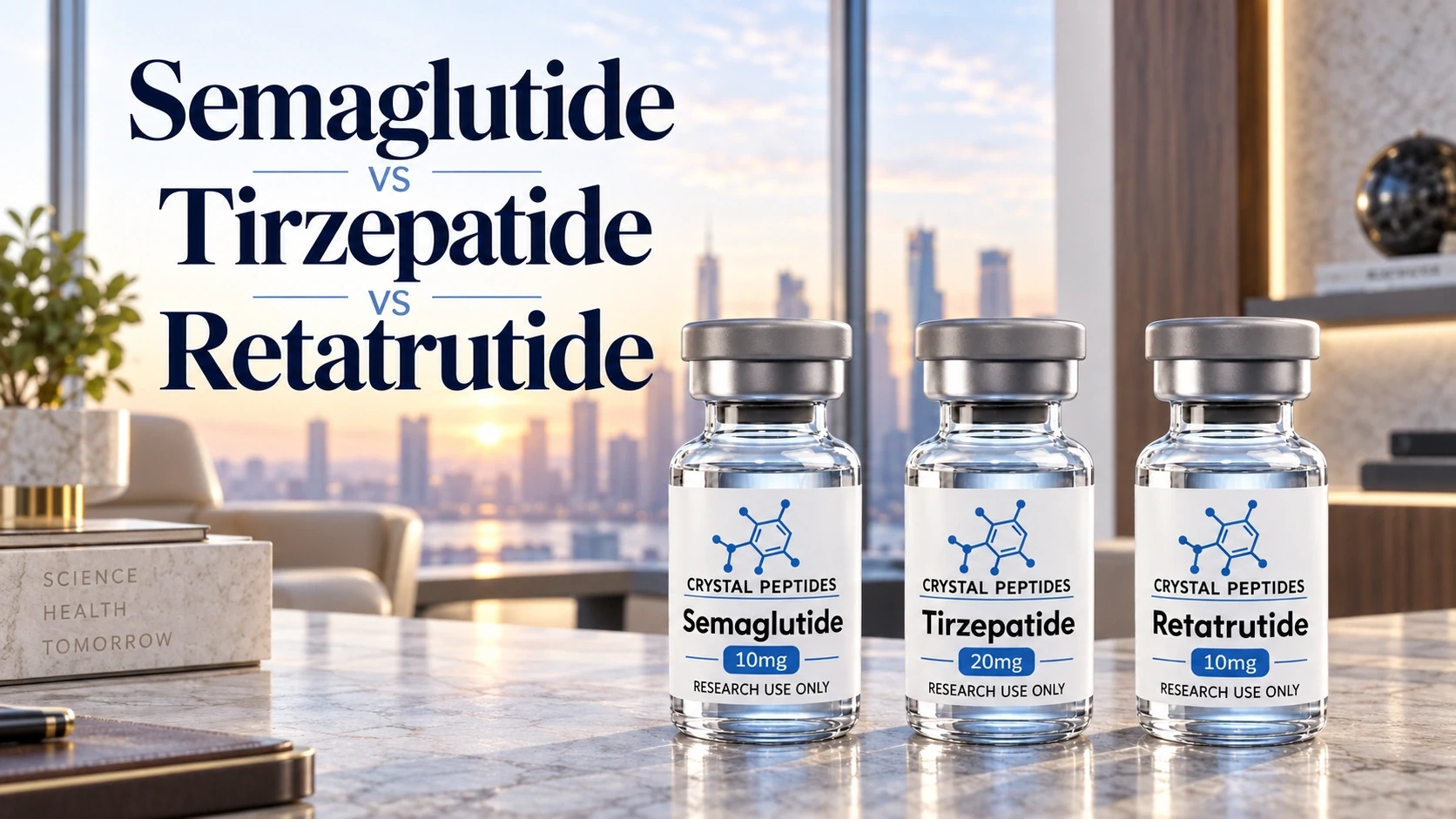 Semaglutide, Tirzepatide ir Retatrutide tyrimams skirti flakonai šalia palyginimo pavadinimo šviesiame interjere.