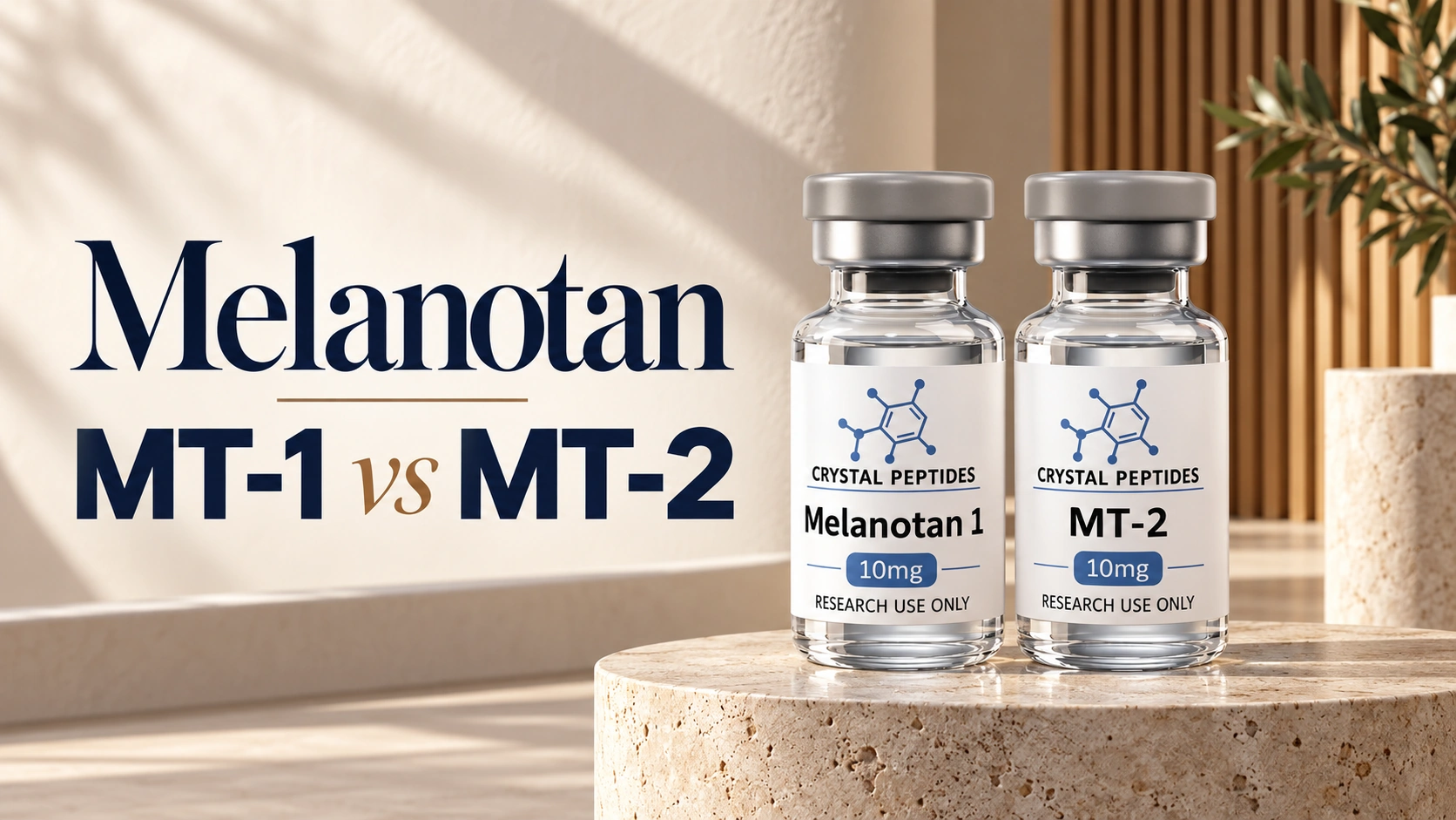 Two research vials labelled Melanotan I and MT-2 beside the article title Melanotan MT-1 vs MT-2.