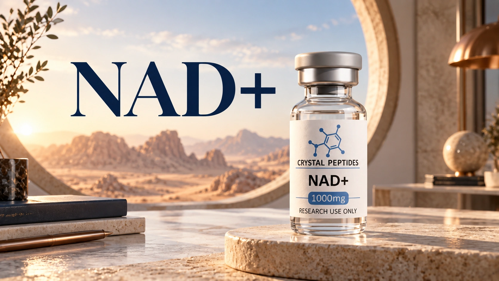 NAD+ research vial beside the embedded NAD+ cover title in a warm desert-view interior.