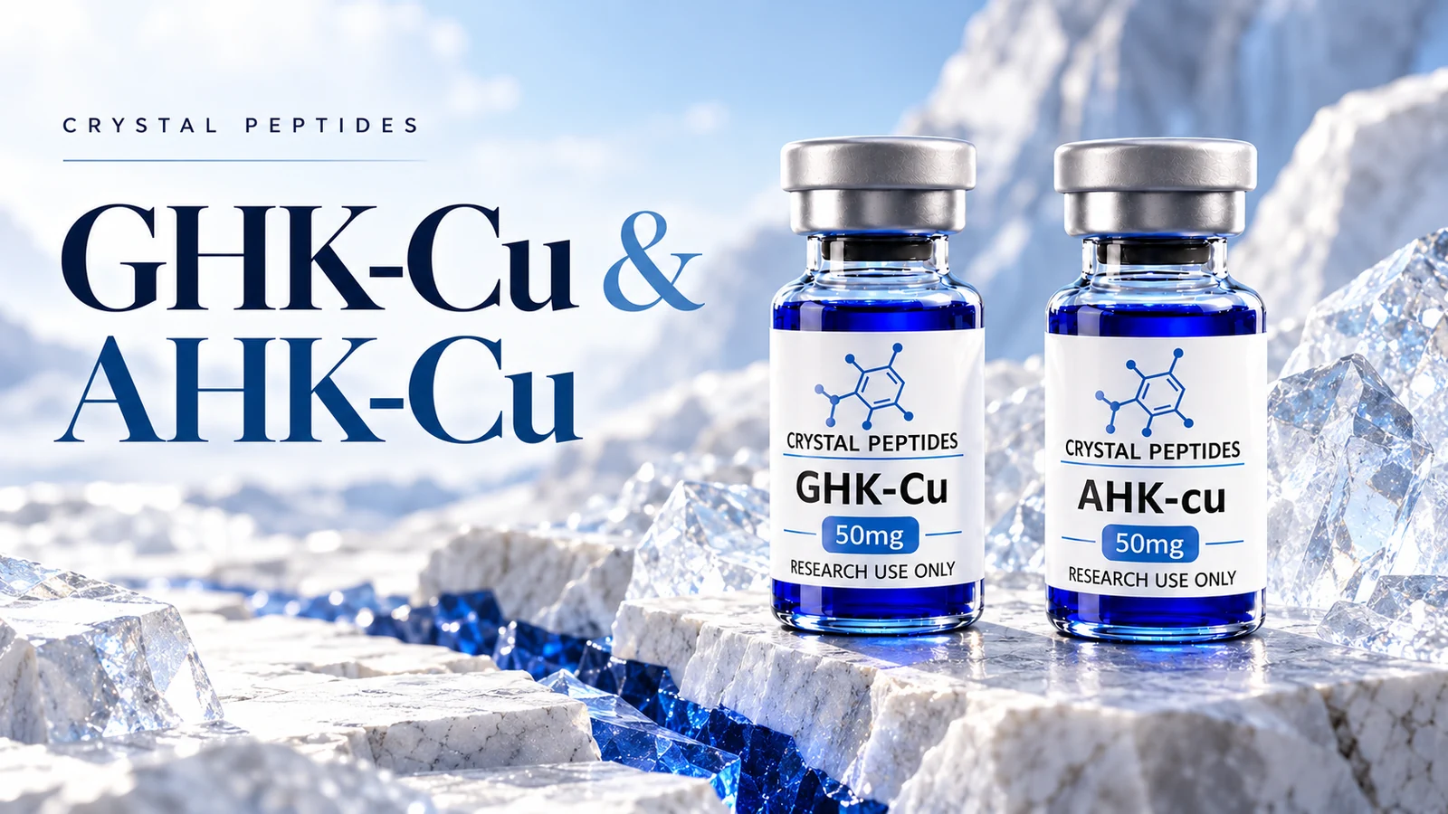 Redakcinė produkto iliustracija: GHK-Cu / AHK-Cu — Crystal Peptides.