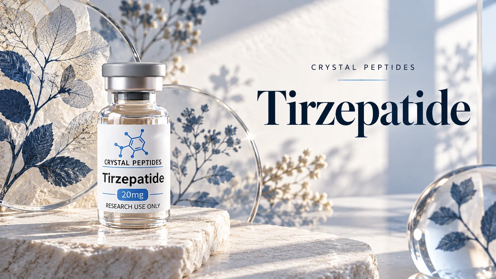 Redakcinė produkto iliustracija: Tirzepatide — Crystal Peptides.