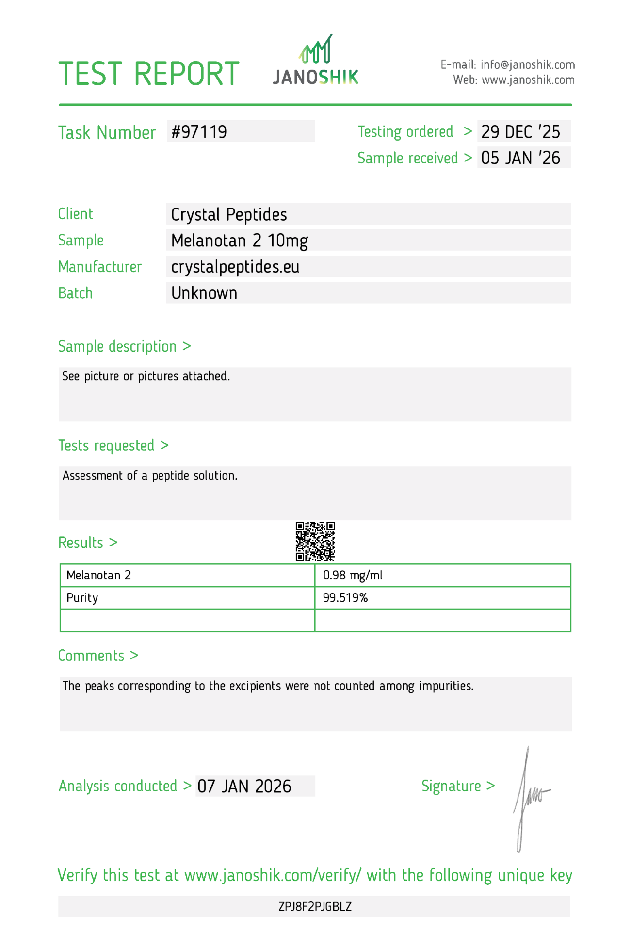 MT-2 (10mg/10ml) Purity & Identity Laboratorinis testas